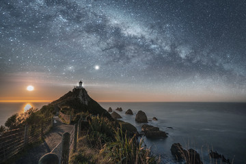 Milky way over Nugget point lighthouse, south island, New Zealand.