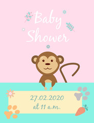 Baby cards for Baby shower. Monkey. Postcard or party templates in blue and pink with charming animals.