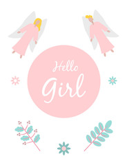 Baby cards for Baby shower. Angels. Postcard or party templates in blue and pink with charming animals.