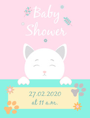 Baby cards for Baby shower. Cat. Postcard or party templates in blue and pink with charming animals.