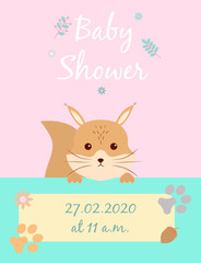 Baby cards for Baby shower. Squirrel. Postcard or party templates in blue and pink with charming animals.