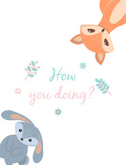 Baby cards for Baby shower. Fox and hare. Postcard or party templates in blue and pink with charming animals.