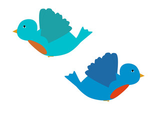 Blue birds with orange and red yellow. Drawing birds. Children's illustrations. Drawing for kids.