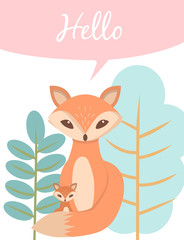 Baby cards for Baby shower. Fox. Postcard or party templates in blue and pink with charming animals.