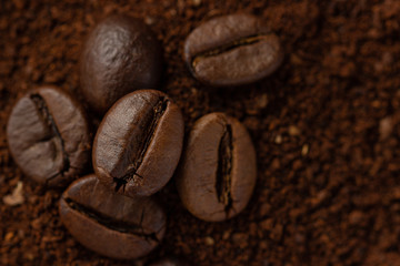 Close up image of coffee beans on top of coffee powder