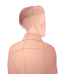 short shaved pixie undercut. Rainbow LGBT symbols as pins or patches on her back. Vector illustration isolated. Hand drawn modern gay girl in jacket.