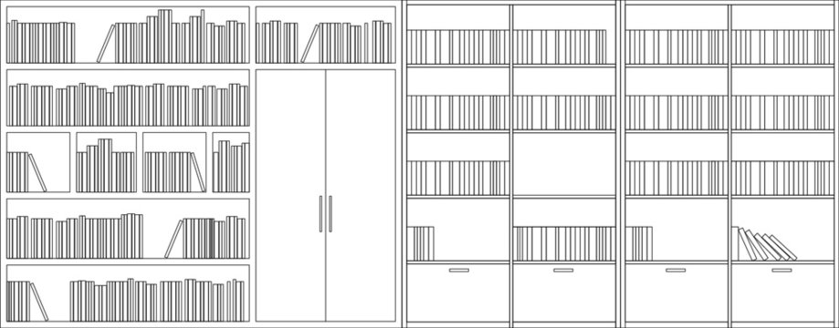 2D black and white CAD drawing of the bookshelf from the front elevation view.