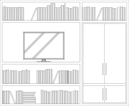 2D black and white CAD drawing of the bookshelf from the front elevation view.