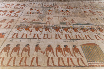 Wall paintings from the tomb of Rekhmire in the nobles tombs in Luxor Egypt.