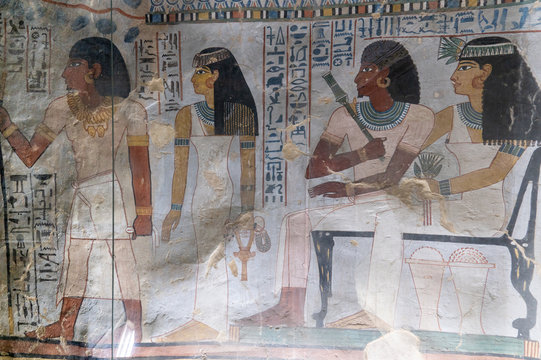 Ancient Egyptian wall drawings from the tomb of Sennofer in the nobles tombs at Luxor Egypt.