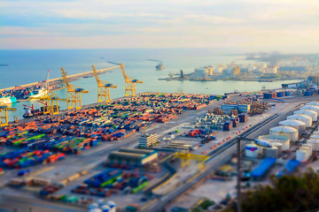 Tiltshift Harbor of Barcelona, Catalonia, Spain.