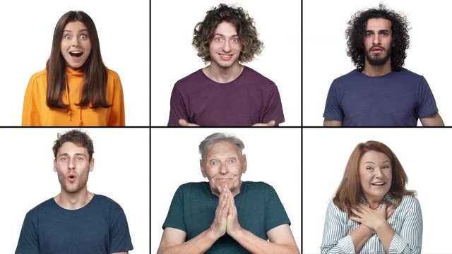 Slowmo multiscreen collage of amazed people reacting to surprise. Multi-ethnic diverse group, men and women different generations saying wow, gasping in amazement, seeing something incredible