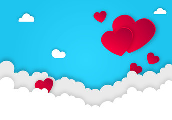 Hearts on blue sky. Modern cartoon background. Vector illustration