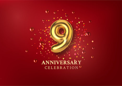 9th Anniversary celebration. Number in the form of golden balloons. Realistic 3d gold numbers and sparkling confetti, glitters. Horizontal template for Birthday or wedding event. Vector illustration