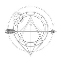 Blackwork tattoo flash. Sacred geometry, arrow and moon. Highly detailed vector illustration isolated on white. Mystic symbol. New school dotwork. Boho design. Print, posters, t-shirts.