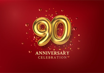 90th Anniversary celebration. Number in the form of golden balloons. Realistic 3d gold numbers and sparkling confetti, glitters. Horizontal template for Birthday or wedding event. Vector illustration