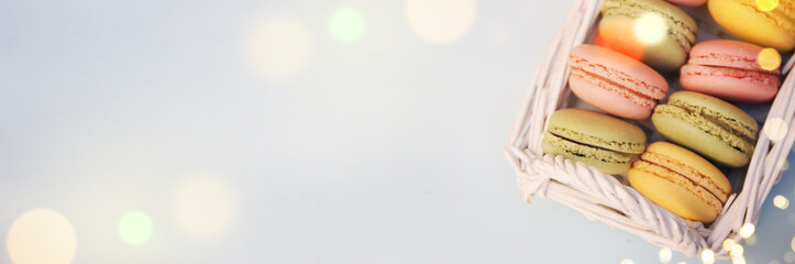 Spring background with blossom and macaroon