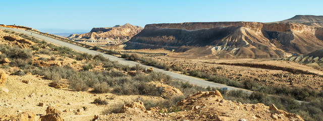 panorama of a portion of the serpentine road from midreshet ben gurion to the zin stream showing...