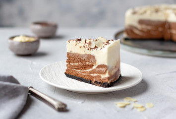 A piece of chocolate cheesecake or mousse cake in a white plate