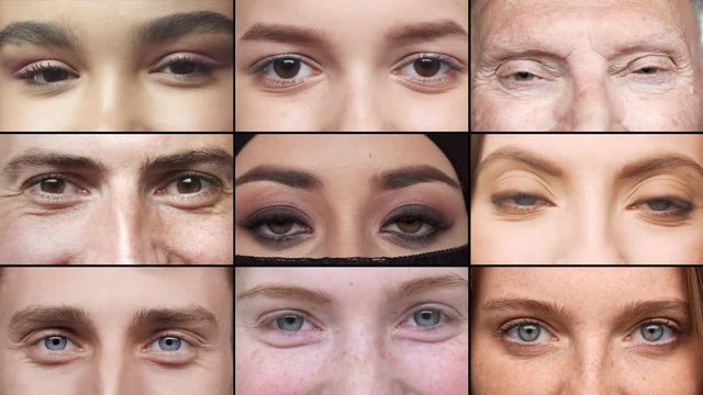 Diversity, multiethnic world concept. Close-up split collage of people eyes, men and women different races, religions and nationalities looking at camera calm, relaxed expression
