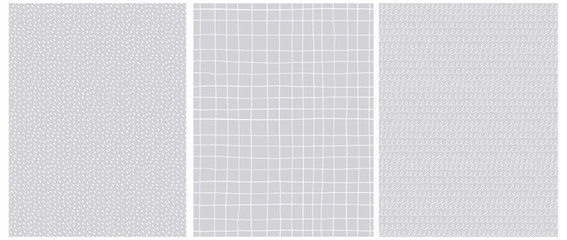 Set of 3 Hand Drawn Irregular Geometric Vector Patterns.White Horizontal Grid, Dots and Lines with Loops on a Light Gray Background. Cute Infantile Style Illustration. Children's Scrawl Style Prints. 