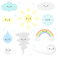 Cartoon set of cute characters. The sun, clouds, rainbow, drop, wind, snowflake, blizzard, snow, lightning. Kawaii collection. Vector illustration.