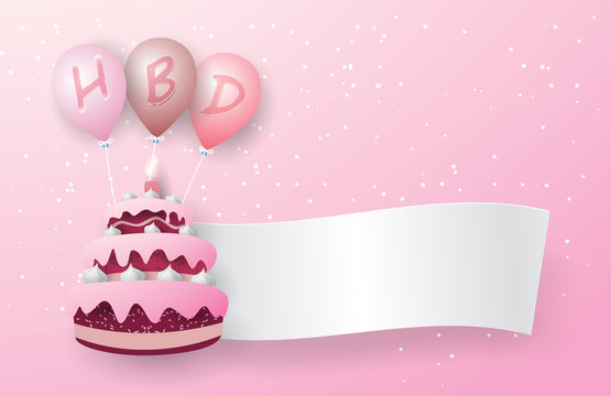 Three-layer pink cake floats with three pink balloons. There is an HBD letter on the balloon and a white background flag floats out of the cake. On the pink background.