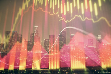 Forex chart on cityscape with tall buildings background multi exposure. Financial research concept.