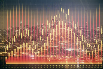 Financial graph on night city scape with tall buildings background double exposure. Analysis concept.