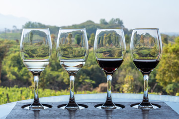 Row of wine glasses by vineyard