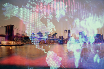 Financial graph on night city scape with tall buildings background double exposure. Analysis concept.