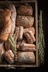 Brown baguettes and buns for tasty breakfast