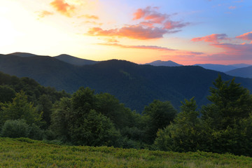 panoramic summer sunset, landscape, gorgeous evening view on mountains at sundown sunlight, splendid colorful nature image, Europe travel, Carpathians, discover yoursel wonderful place