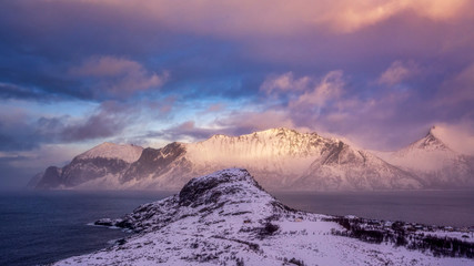 Mefjord and mountain in Northern Norway in sunset