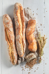 Tasty french baguettes freshly baked in bakery