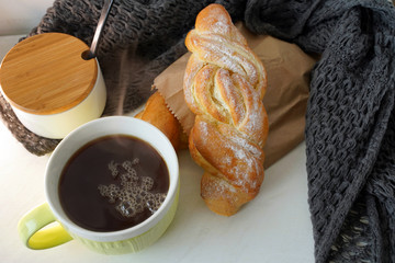 breakfast with croissant and coffee