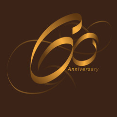 Handwriting celebrating, anniversary of number 60, 60th year anniversary, Luxury duo tone gold brown for invitation card, backdrop, label or stationary