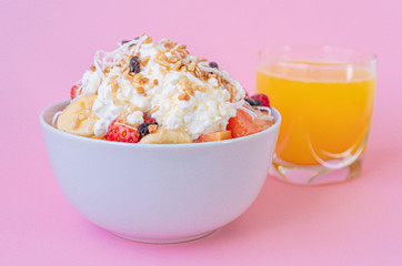 Brunch-style fruit salad with Homemade Cottage Cheese and orange juice