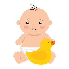 cute little baby boy with duck rubber vector illustration design