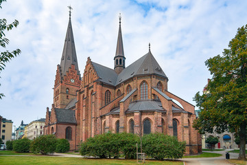 Fototapeta na wymiar St. Peter's Church (Sankt Petri kyrka). Oldest church in Malmö, 14th century Brick Gothic style, Sweden