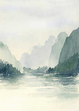 水墨画　水辺風景 水墨画＿風景画＿日本画＿水辺の景色イラスト - No: 23473810