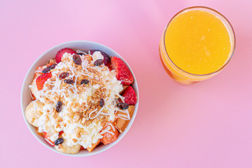 Brunch-style fruit salad with Homemade Cottage Cheese and orange juice