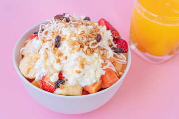Brunch-style fruit salad with Homemade Cottage Cheese and orange juice