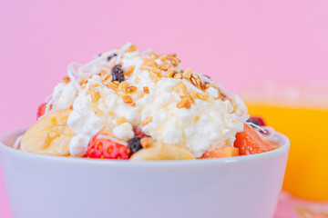 Brunch-style fruit salad with Homemade Cottage Cheese and orange juice