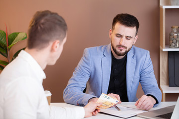 Business man refusing money to take the bribe the concept of corruption and anti bribery