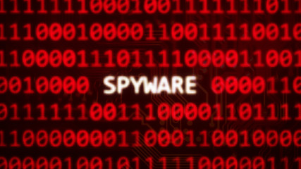 Spyware text on random binary code red screen - computer technology words series 3D render