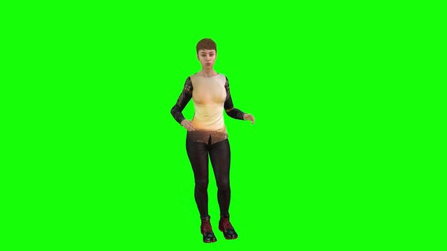 4K 3D animation of a young girl standing ,explaining something and giving a greeting.