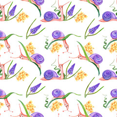 Seamless texture. Spring and snails on a white background.