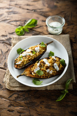 Roasted spicy eggplant with bulgur and yogurt