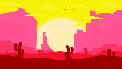 Vector illustration of a beautiful sunset on desert with red valley background. Flat Vector Illustration. Flat Design Background. Web vector illustration. Vector Background.